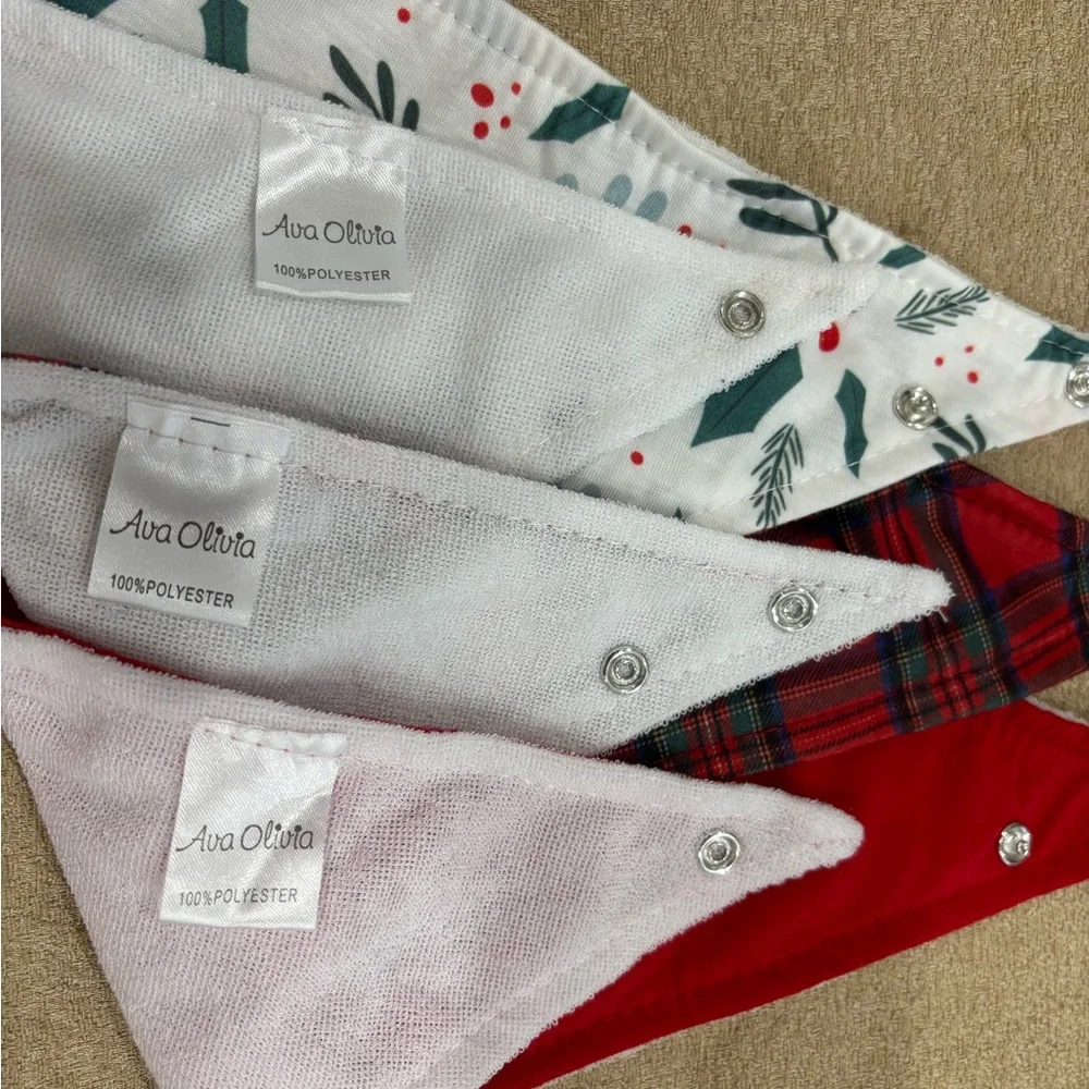 Holiday Bandana Bib Set for Kids - Red, Plaid & White Holly - Snap Closure